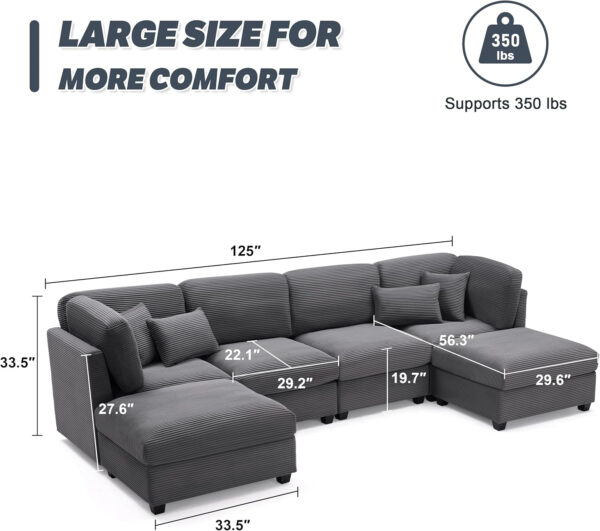 125 Inch Oversized Corduroy Modular Sectional Sofa, U Shaped Modular Couch with Storage, 6 Seat Convertible Corduroy Couch, Comfy Sectional Couches for Living Room with Memory Foam, Grey