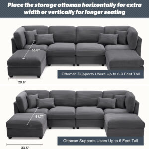 125 Inch Oversized Corduroy Modular Sectional Sofa, U Shaped Modular Couch with Storage, 6 Seat Convertible Corduroy Couch, Comfy Sectional Couches for Living Room with Memory Foam, Grey