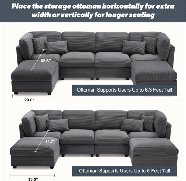 125 Inch Oversized Corduroy Modular Sectional Sofa, U Shaped Modular Couch with Storage, 6 Seat Convertible Corduroy Couch, Comfy Sectional Couches for Living Room with Memory Foam, Grey