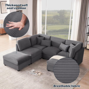 125 Inch Oversized Corduroy Modular Sectional Sofa, U Shaped Modular Couch with Storage, 6 Seat Convertible Corduroy Couch, Comfy Sectional Couches for Living Room with Memory Foam, Grey