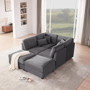 125 Inch Oversized Corduroy Modular Sectional Sofa, U Shaped Modular Couch with Storage, 6 Seat Convertible Corduroy Couch, Comfy Sectional Couches for Living Room with Memory Foam, Grey