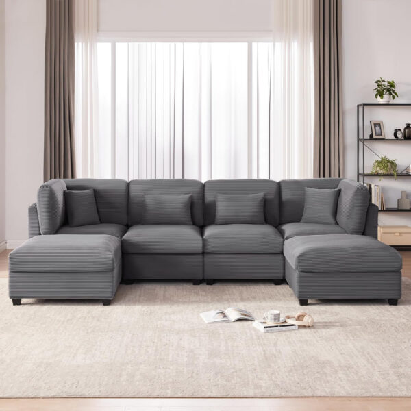 125 Inch Oversized Corduroy Modular Sectional Sofa, U Shaped Modular Couch with Storage, 6 Seat Convertible Corduroy Couch, Comfy Sectional Couches for Living Room with Memory Foam, Grey