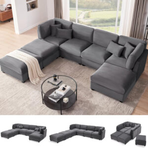 125 Inch Oversized Corduroy Modular Sectional Sofa, U Shaped Modular Couch with Storage, 6 Seat Convertible Corduroy Couch, Comfy Sectional Couches for Living Room with Memory Foam, Grey