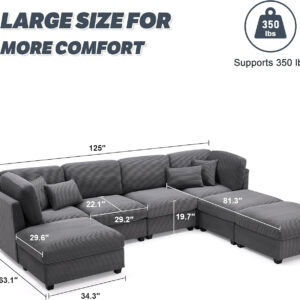 125 Inch Oversized Corduroy Modular Sectional Sofa, U Shaped Modular Couch with Storage, 6 Seat Convertible Corduroy Couch, Comfy Sectional Couches for Living Room with Memory Foam, Grey