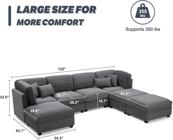 125 Inch Oversized Corduroy Modular Sectional Sofa, U Shaped Modular Couch with Storage, 6 Seat Convertible Corduroy Couch, Comfy Sectional Couches for Living Room with Memory Foam, Grey