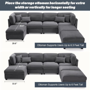 125 Inch Oversized Corduroy Modular Sectional Sofa, U Shaped Modular Couch with Storage, 6 Seat Convertible Corduroy Couch, Comfy Sectional Couches for Living Room with Memory Foam, Grey