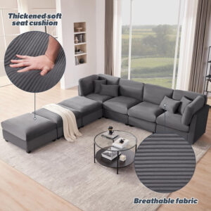 125 Inch Oversized Corduroy Modular Sectional Sofa, U Shaped Modular Couch with Storage, 6 Seat Convertible Corduroy Couch, Comfy Sectional Couches for Living Room with Memory Foam, Grey
