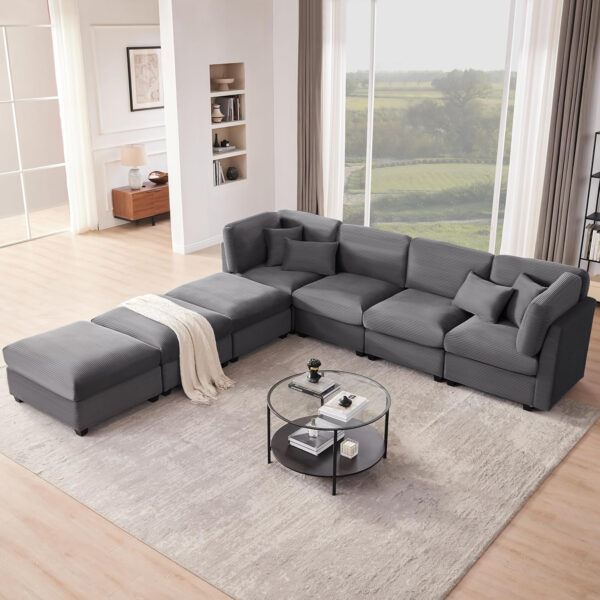125 Inch Oversized Corduroy Modular Sectional Sofa, U Shaped Modular Couch with Storage, 6 Seat Convertible Corduroy Couch, Comfy Sectional Couches for Living Room with Memory Foam, Grey