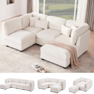 125 Inch Oversized Corduroy Modular Sectional Sofa, U Shaped Modular Couch with Storage, 6 Seat Convertible Corduroy Couch, Comfy Sectional Couches for Living Room with Memory Foam, Grey