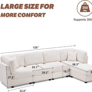 125 Inch Oversized Corduroy Modular Sectional Sofa, U Shaped Modular Couch with Storage, 6 Seat Convertible Corduroy Couch, Comfy Sectional Couches for Living Room with Memory Foam, Grey