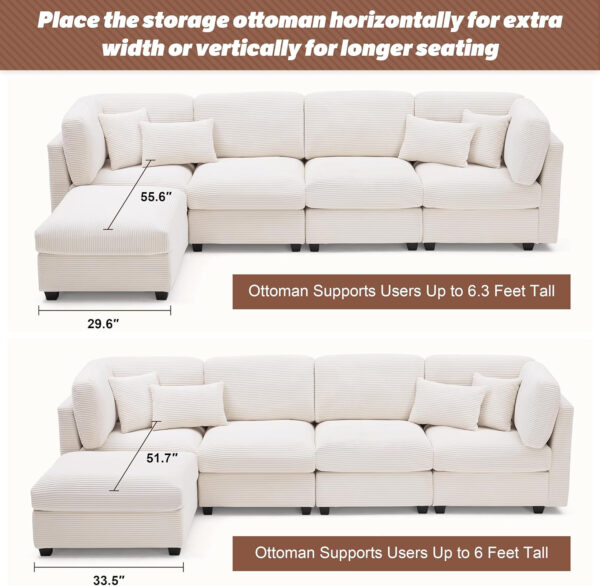 125 Inch Oversized Corduroy Modular Sectional Sofa, U Shaped Modular Couch with Storage, 6 Seat Convertible Corduroy Couch, Comfy Sectional Couches for Living Room with Memory Foam, Grey