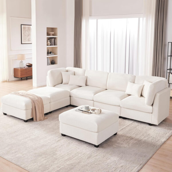 125 Inch Oversized Corduroy Modular Sectional Sofa, U Shaped Modular Couch with Storage, 6 Seat Convertible Corduroy Couch, Comfy Sectional Couches for Living Room with Memory Foam, Grey