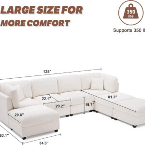 125 Inch Oversized Corduroy Modular Sectional Sofa, U Shaped Modular Couch with Storage, 6 Seat Convertible Corduroy Couch, Comfy Sectional Couches for Living Room with Memory Foam, Grey