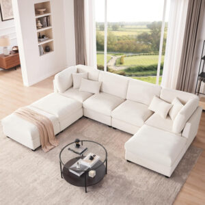 125 Inch Oversized Corduroy Modular Sectional Sofa, U Shaped Modular Couch with Storage, 6 Seat Convertible Corduroy Couch, Comfy Sectional Couches for Living Room with Memory Foam, Grey