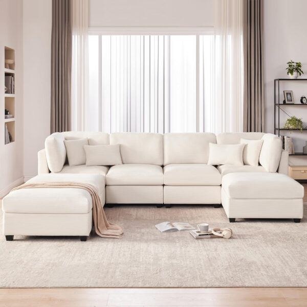 125 Inch Oversized Corduroy Modular Sectional Sofa, U Shaped Modular Couch with Storage, 6 Seat Convertible Corduroy Couch, Comfy Sectional Couches for Living Room with Memory Foam, Grey