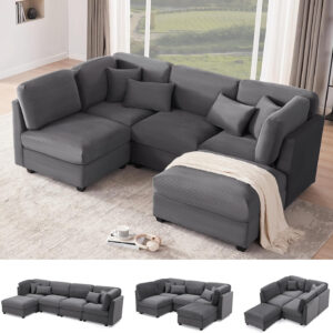 125 Inch Oversized Corduroy Modular Sectional Sofa, U Shaped Modular Couch with Storage, 6 Seat Convertible Corduroy Couch, Comfy Sectional Couches for Living Room with Memory Foam, Grey