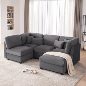 125 Inch Oversized Corduroy Modular Sectional Sofa, U Shaped Modular Couch with Storage, 6 Seat Convertible Corduroy Couch, Comfy Sectional Couches for Living Room with Memory Foam, Grey