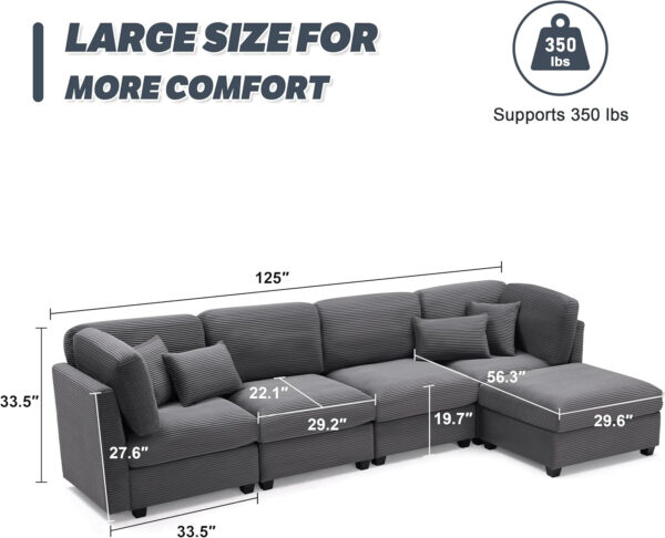 125 Inch Oversized Corduroy Modular Sectional Sofa, U Shaped Modular Couch with Storage, 6 Seat Convertible Corduroy Couch, Comfy Sectional Couches for Living Room with Memory Foam, Grey