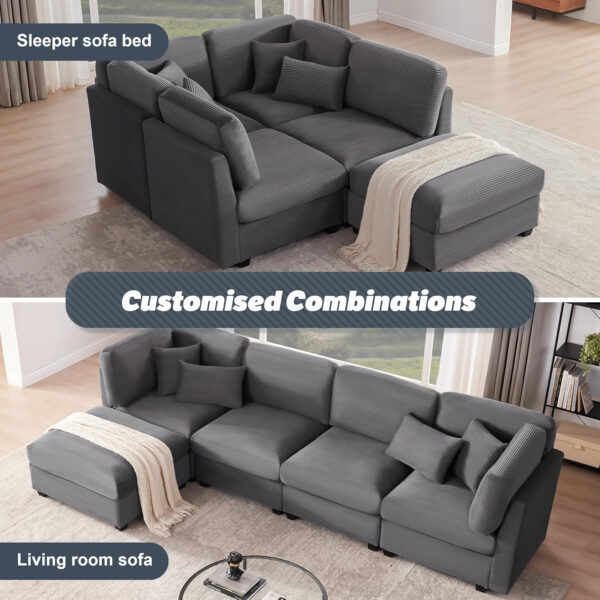 125 Inch Oversized Corduroy Modular Sectional Sofa, U Shaped Modular Couch with Storage, 6 Seat Convertible Corduroy Couch, Comfy Sectional Couches for Living Room with Memory Foam, Grey