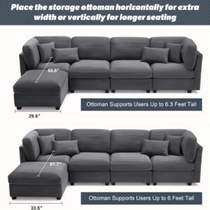 125 Inch Oversized Corduroy Modular Sectional Sofa, U Shaped Modular Couch with Storage, 6 Seat Convertible Corduroy Couch, Comfy Sectional Couches for Living Room with Memory Foam, Grey