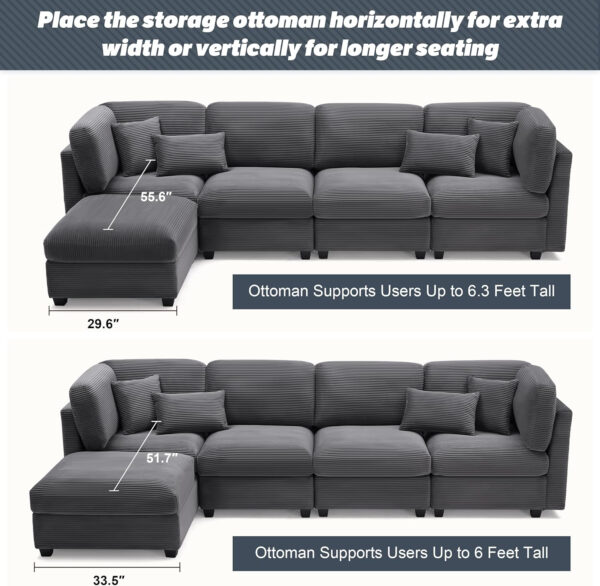 125 Inch Oversized Corduroy Modular Sectional Sofa, U Shaped Modular Couch with Storage, 6 Seat Convertible Corduroy Couch, Comfy Sectional Couches for Living Room with Memory Foam, Grey
