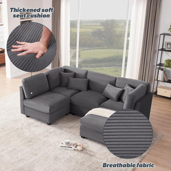 125 Inch Oversized Corduroy Modular Sectional Sofa, U Shaped Modular Couch with Storage, 6 Seat Convertible Corduroy Couch, Comfy Sectional Couches for Living Room with Memory Foam, Grey