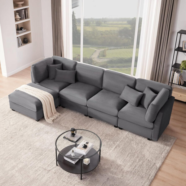 125 Inch Oversized Corduroy Modular Sectional Sofa, U Shaped Modular Couch with Storage, 6 Seat Convertible Corduroy Couch, Comfy Sectional Couches for Living Room with Memory Foam, Grey
