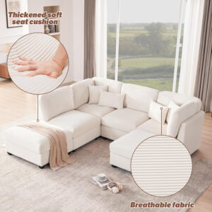 125 Inch Oversized Corduroy Modular Sectional Sofa, U Shaped Modular Couch with Storage, 6 Seat Convertible Corduroy Couch, Comfy Sectional Couches for Living Room with Memory Foam, Grey