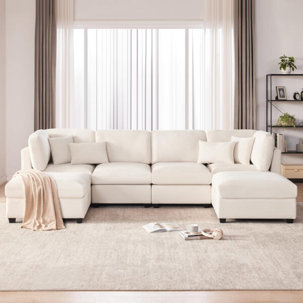 125 Inch Oversized Corduroy Modular Sectional Sofa, U Shaped Modular Couch with Storage, 6 Seat Convertible Corduroy Couch, Comfy Sectional Couches for Living Room with Memory Foam, Grey