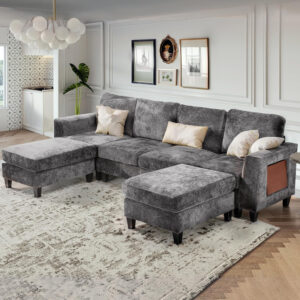 COLAMY 118" U-Shaped Sectional Couch, 4-Seat Modular Sofa with 2 Ottomans and Foldable Side Table, Grey for Living Room
