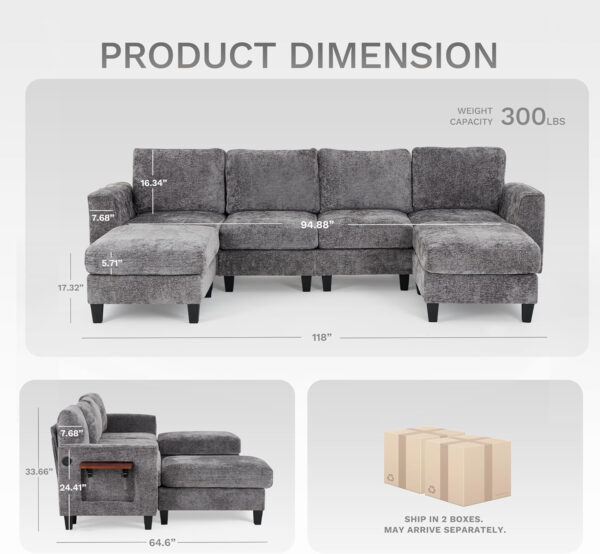 COLAMY 118" U-Shaped Sectional Couch, 4-Seat Modular Sofa with 2 Ottomans and Foldable Side Table, Grey for Living Room