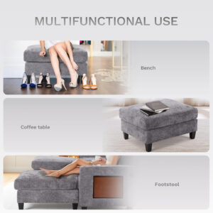 COLAMY 118" U-Shaped Sectional Couch, 4-Seat Modular Sofa with 2 Ottomans and Foldable Side Table, Grey for Living Room
