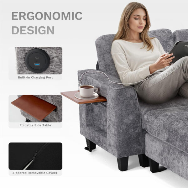 COLAMY 118" U-Shaped Sectional Couch, 4-Seat Modular Sofa with 2 Ottomans and Foldable Side Table, Grey for Living Room