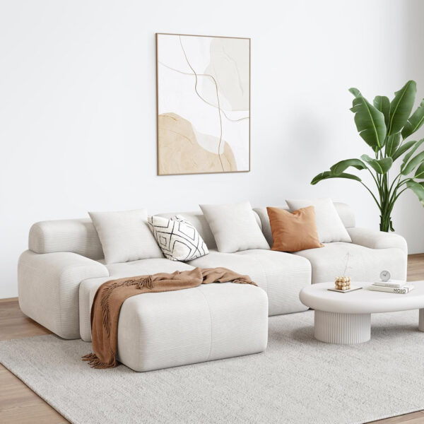 68855a55859da3aeea629df9e5913e2bbbb104f03351b74879632.jpg LIKIMIO 118" Modern L-Shaped Modular Sectional Sofa for Living Room, Corduroy Upholstery Beige, Oversized 3-Seater Couch with Deep Seat and Movable Ottoman – No Assembly