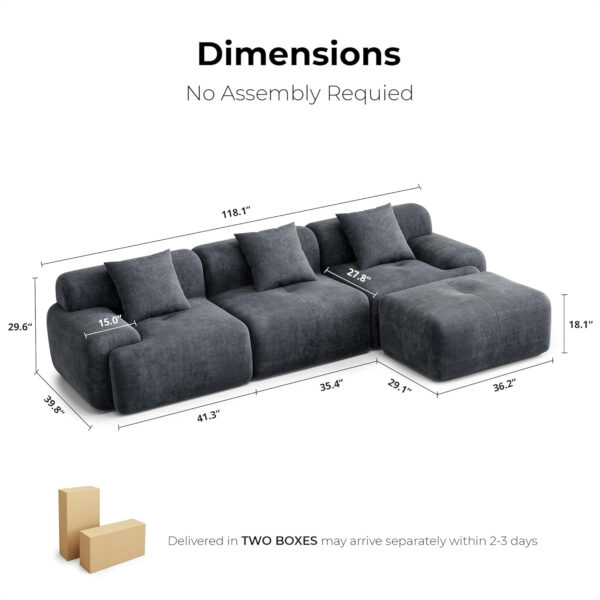68855a6456a2d31a60217aacf4ac80b269bd0eeb25f7f54eebe38.jpg LIKIMIO 118" Modern L-Shaped Modular Sectional Sofa for Living Room, Corduroy Upholstery Beige, Oversized 3-Seater Couch with Deep Seat and Movable Ottoman – No Assembly