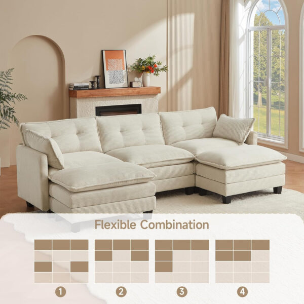 68855a99f1edaea9fb874cdc2577ba10333be7988e975a3f8a66d.jpg Modular Sectional Sofa, 111.5" U-Shaped Corduroy Comfy Sectional Couches for Living Room, 3-Seater Cloud Couches with 2 Movable Ottomans, Flexible Combination Modern Deep Seat Sofa (Beige)