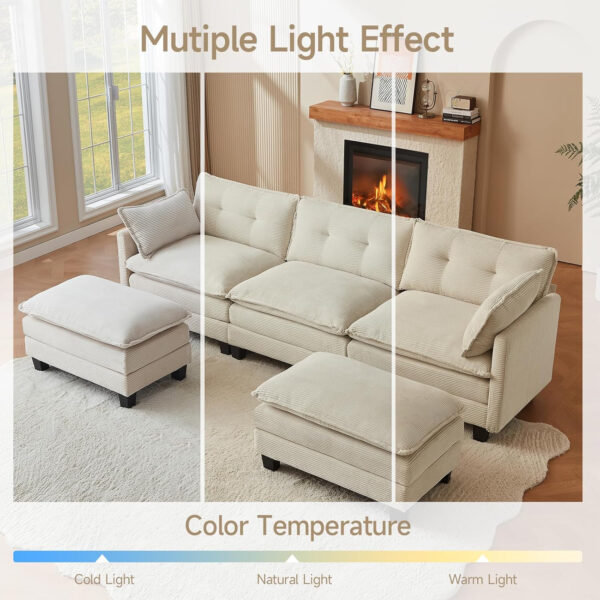 68855a9b1b864fac1117986690fdc3aa202634157adb4a1b3264f.jpg Modular Sectional Sofa, 111.5" U-Shaped Corduroy Comfy Sectional Couches for Living Room, 3-Seater Cloud Couches with 2 Movable Ottomans, Flexible Combination Modern Deep Seat Sofa (Beige)