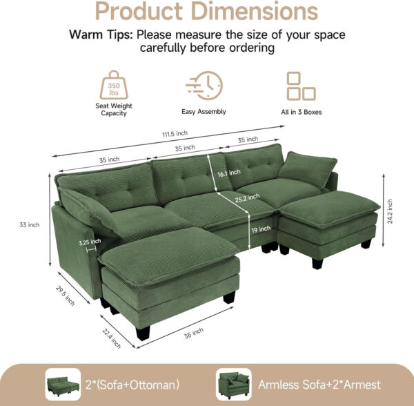 68855a9d1f55c5ef1c41b418fb77b791527f0a6e2203520405aa1.jpg Modular Sectional Sofa, 111.5" U-Shaped Corduroy Comfy Sectional Couches for Living Room, 3-Seater Cloud Couches with 2 Movable Ottomans, Flexible Combination Modern Deep Seat Sofa (Beige)