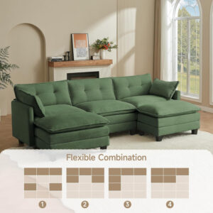 68855aa1a345552b27cd63ec8d60bbd593733b10c36e8d77d5372.jpg Modular Sectional Sofa, 111.5" U-Shaped Corduroy Comfy Sectional Couches for Living Room, 3-Seater Cloud Couches with 2 Movable Ottomans, Flexible Combination Modern Deep Seat Sofa (Beige)