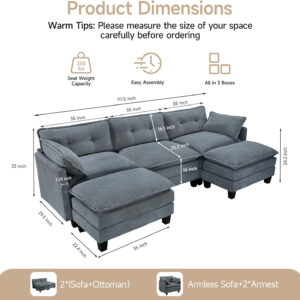 68855aa5774fd06a65b199adbf6f33f34e103747e3db36eebfd67.jpg Modular Sectional Sofa, 111.5" U-Shaped Corduroy Comfy Sectional Couches for Living Room, 3-Seater Cloud Couches with 2 Movable Ottomans, Flexible Combination Modern Deep Seat Sofa (Beige)