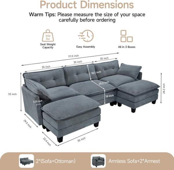 68855aa5774fd06a65b199adbf6f33f34e103747e3db36eebfd67.jpg Modular Sectional Sofa, 111.5" U-Shaped Corduroy Comfy Sectional Couches for Living Room, 3-Seater Cloud Couches with 2 Movable Ottomans, Flexible Combination Modern Deep Seat Sofa (Beige)