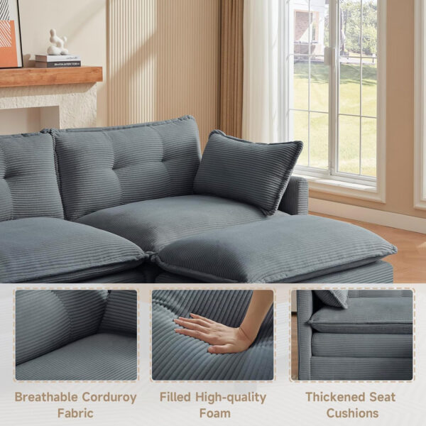 68855aa90046949df2da8ef732ad8ea1946cb11400af7c4c318c5.jpg Modular Sectional Sofa, 111.5" U-Shaped Corduroy Comfy Sectional Couches for Living Room, 3-Seater Cloud Couches with 2 Movable Ottomans, Flexible Combination Modern Deep Seat Sofa (Beige)