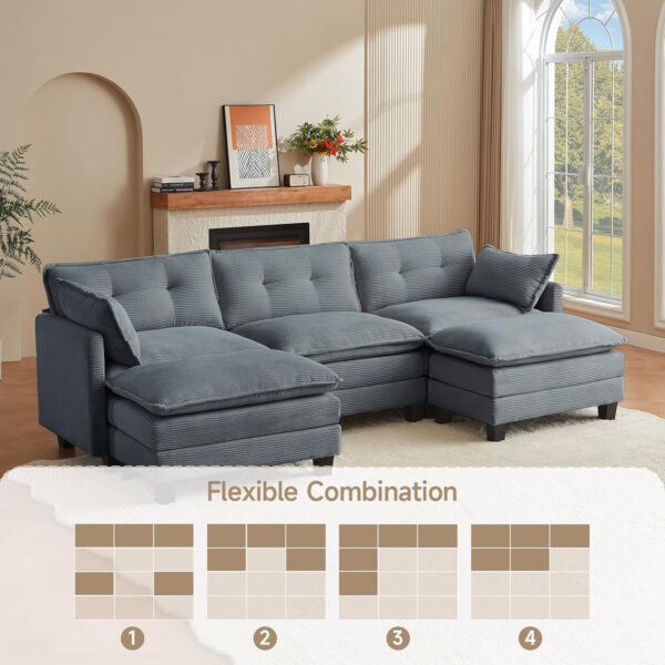 68855aa9ccbf5f4672ae40bde5e627c55a22eedb2867b1a07b371.jpg Modular Sectional Sofa, 111.5" U-Shaped Corduroy Comfy Sectional Couches for Living Room, 3-Seater Cloud Couches with 2 Movable Ottomans, Flexible Combination Modern Deep Seat Sofa (Beige)