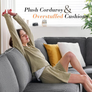 PaPaJet U Shaped Couch, 112 Inch Oversized Corduroy Grey Sectional Sofa with Storage Chaise, 7 Seater, Plush Cushions, Metal Frame