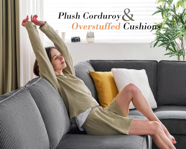 PaPaJet U Shaped Couch, 112 Inch Oversized Corduroy Grey Sectional Sofa with Storage Chaise, 7 Seater, Plush Cushions, Metal Frame