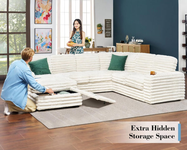 PaPaJet U Shaped Couch, 112 Inch Oversized Corduroy Grey Sectional Sofa with Storage Chaise, 7 Seater, Plush Cushions, Metal Frame