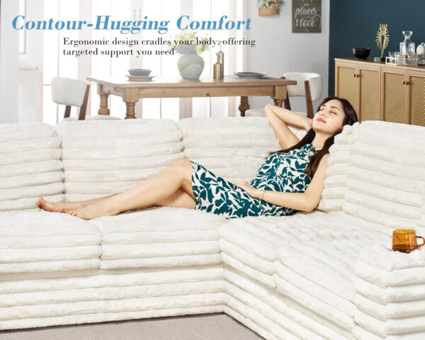 PaPaJet U Shaped Couch, 112 Inch Oversized Corduroy Grey Sectional Sofa with Storage Chaise, 7 Seater, Plush Cushions, Metal Frame