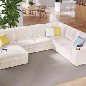 PaPaJet U Shaped Couch, 112 Inch Oversized Corduroy Grey Sectional Sofa with Storage Chaise, 7 Seater, Plush Cushions, Metal Frame