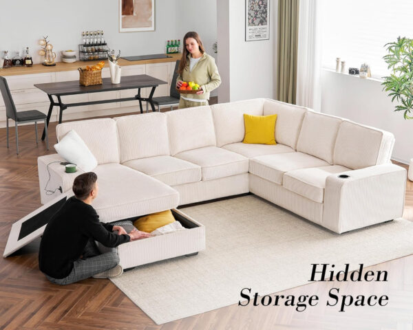 PaPaJet U Shaped Couch, 112 Inch Oversized Corduroy Grey Sectional Sofa with Storage Chaise, 7 Seater, Plush Cushions, Metal Frame