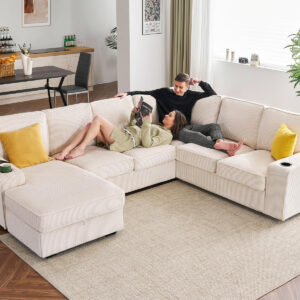 PaPaJet U Shaped Couch, 112 Inch Oversized Corduroy Grey Sectional Sofa with Storage Chaise, 7 Seater, Plush Cushions, Metal Frame